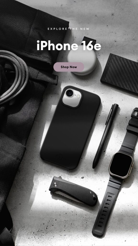 Flat lay of black iPhone 16e case with modern accessories including a smartwatch, folding knife, and AirTag on a concrete background.