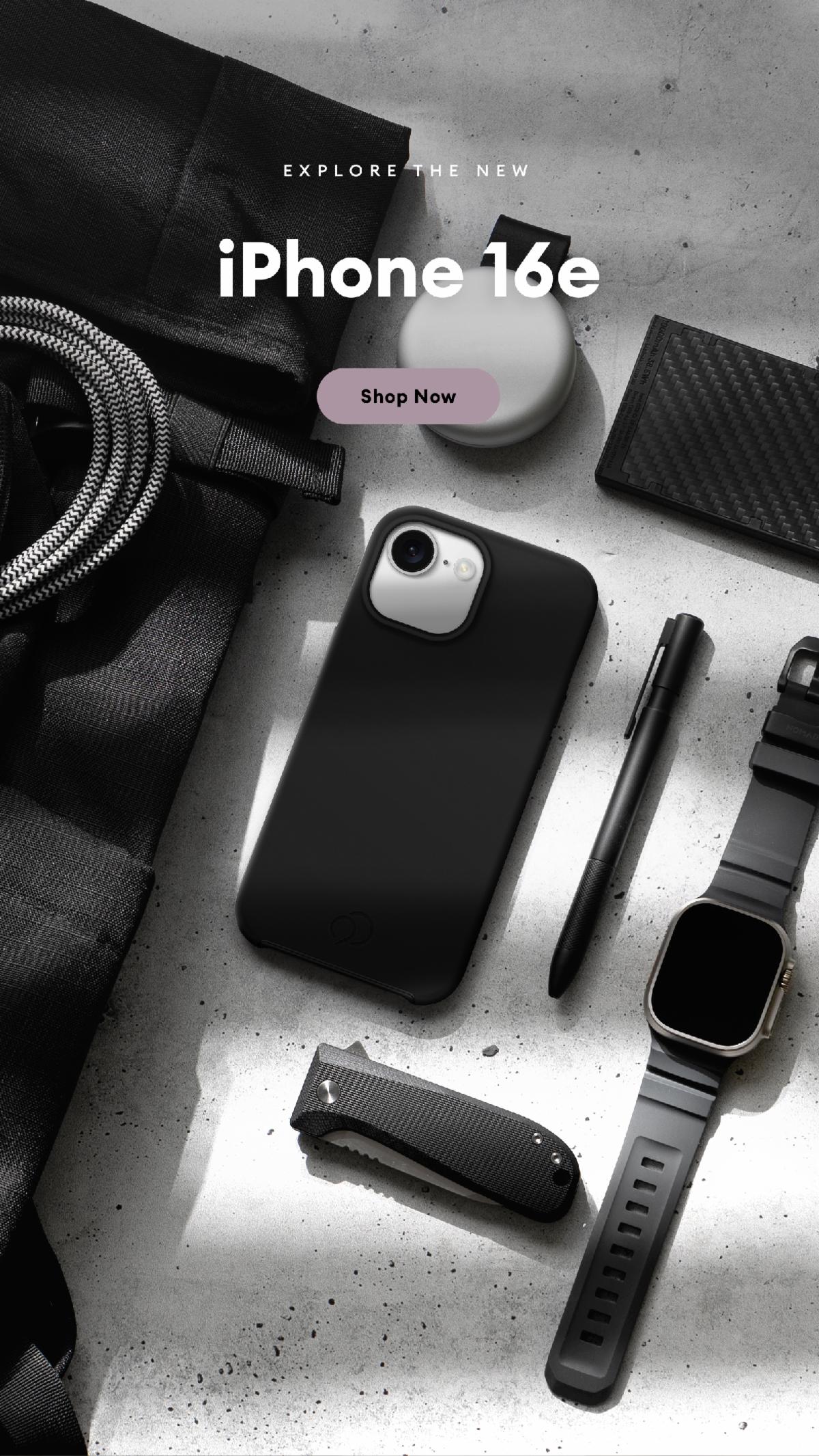 Flat lay of black iPhone 16e case with modern accessories including a smartwatch, folding knife, and AirTag on a concrete background.